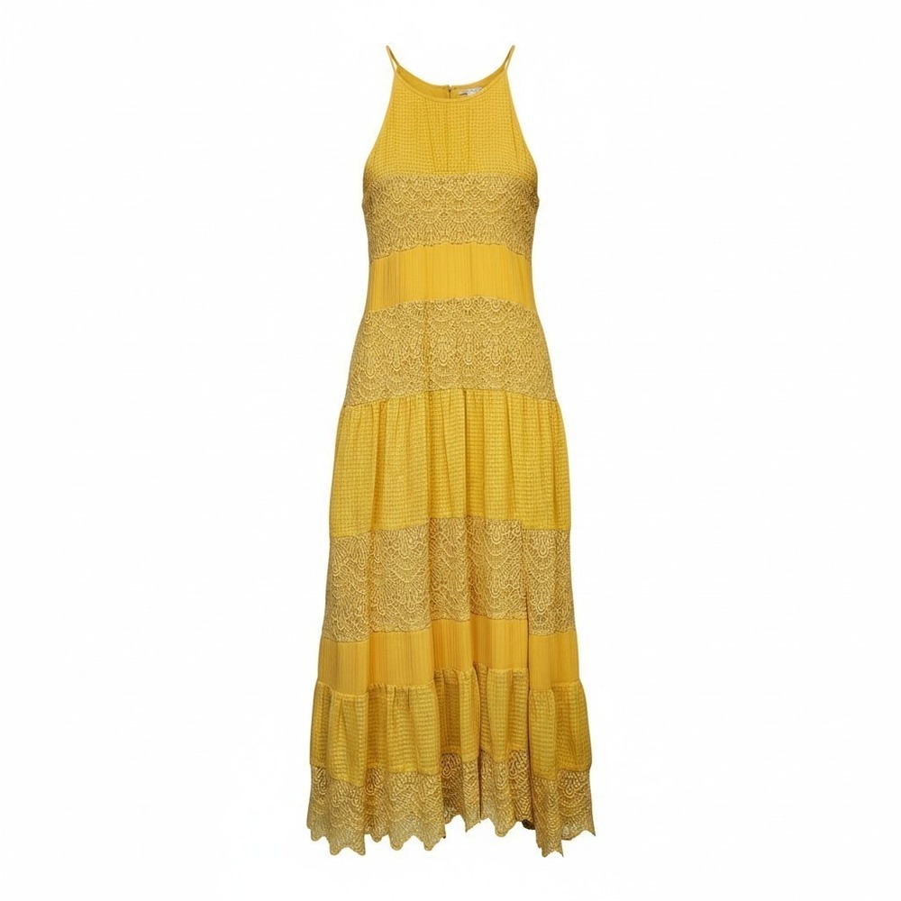 HD In Paris Anthropologie Villarelle Tiered Lace Midi Dress Women's XS Yellow